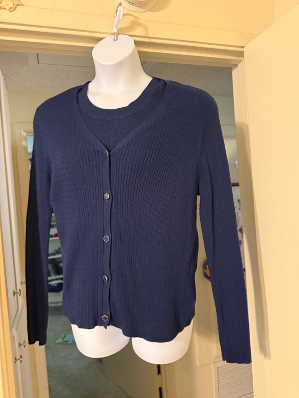Lands' End Navy Ribbed Button-Front Women's Cardigan